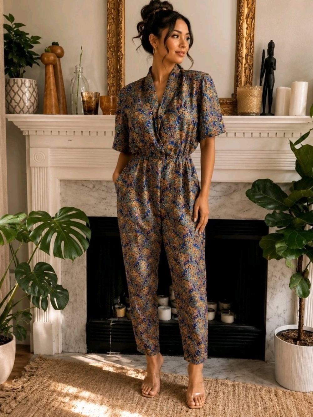 Vintage 80s Blue Paisley Jumpsuit Brown Satin Baggy Retro Size Small